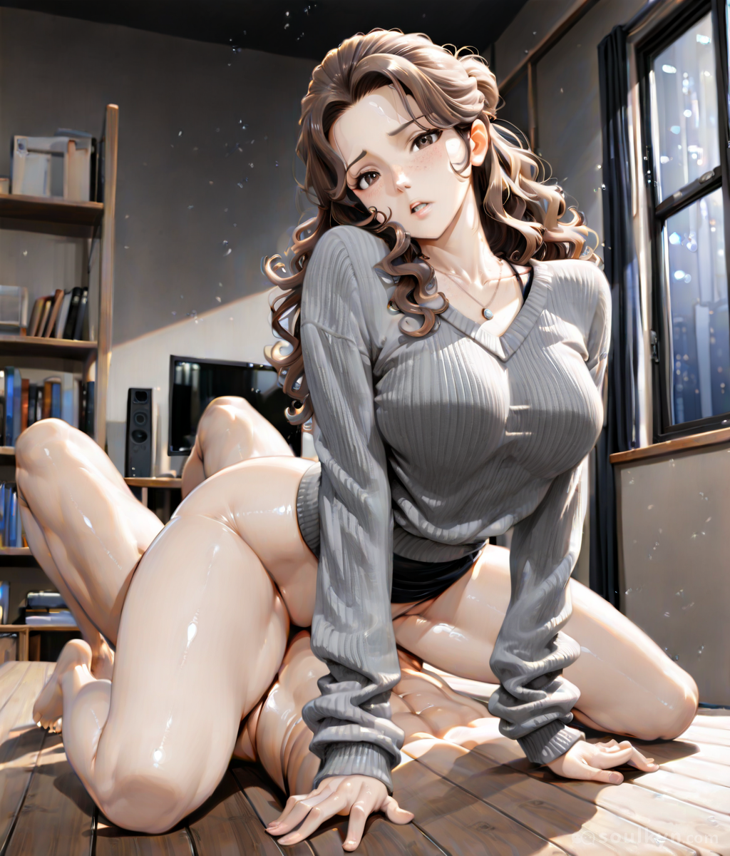 Girl in a cozy sweater on all fours getting fucked by an invisible man while mysterious fluid particles float through the air like horny fireflies. The bookshelf in the background really ties the room together. AI generated a sex scene but forgot to render the other person.
