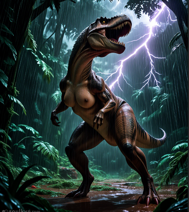 JURASSIC SIMP. She's got the teeth to tear you apart but also... titties? In the rain? Lightning behind her like she's the main character of a very confusing erotic thriller. This T-Rex fucks and I'm terrified.