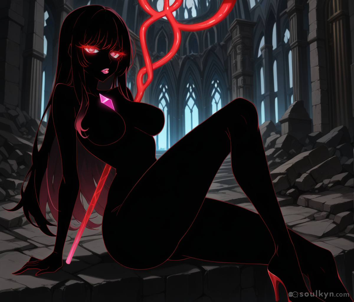 Goth witch in cathedral ruins with glowing chest gem and red staff - legs spread, body physics optional, she's summoning something and anatomy is the SACRIFICE