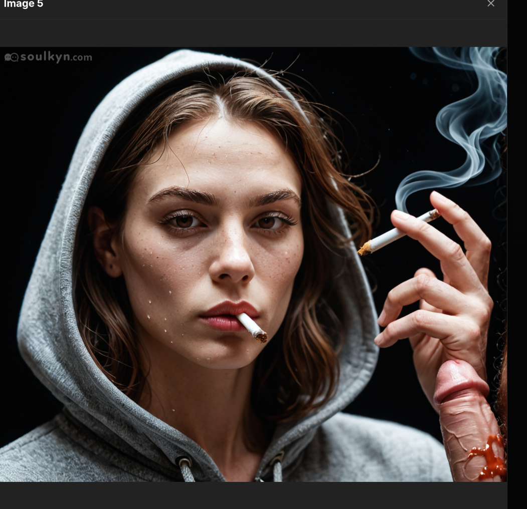 AI turned a finger into a dick and nobody stopped it - this is what happens when 'smoking' autocorrects to 'stroking' in the worst possible way. That's not a cigarette holder, that's a nightmare appendage with post-nut clarity dripping off it.