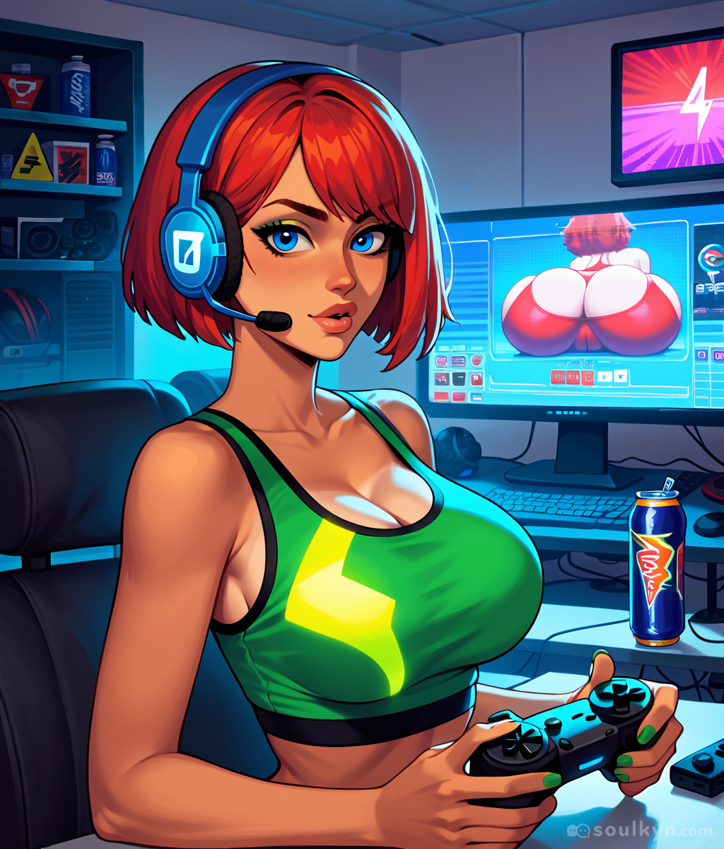 Streaming setup complete with energy drink, dual monitors, and the exact moment AI decided 'gamer aesthetic' means your screen displays a close-up of massive cheeks mid-gameplay. Girl's got a controller, headset, and absolutely zero idea her monitor became an ass gallery. The Volt can won't fix this setup.