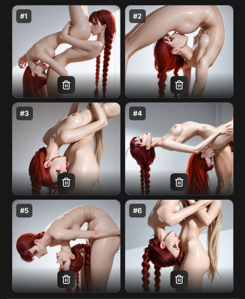 Six panels of glossy lesbian action with NUMBERED LABELS and TRASH CAN ICONS like a fucking PowerPoint tutorial. 'Step 3: Insert Tab A into Slot B. Click trash to undo orgasm.'