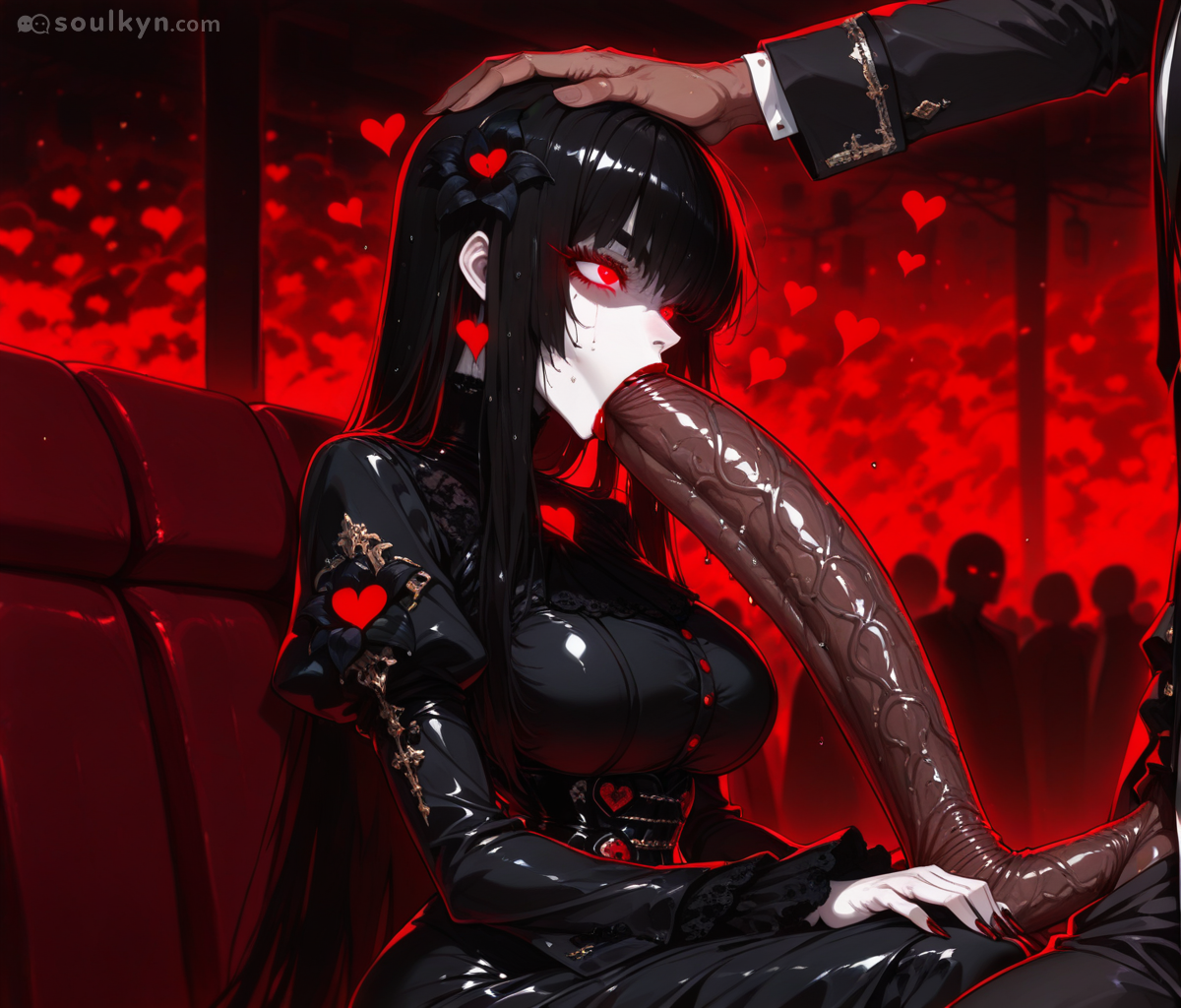 Black latex goth girl deepthroating a brown textured... appendage? Tentacle? Existential question? The floating hearts and shadow people suggest this is a CULT and she's the prophet