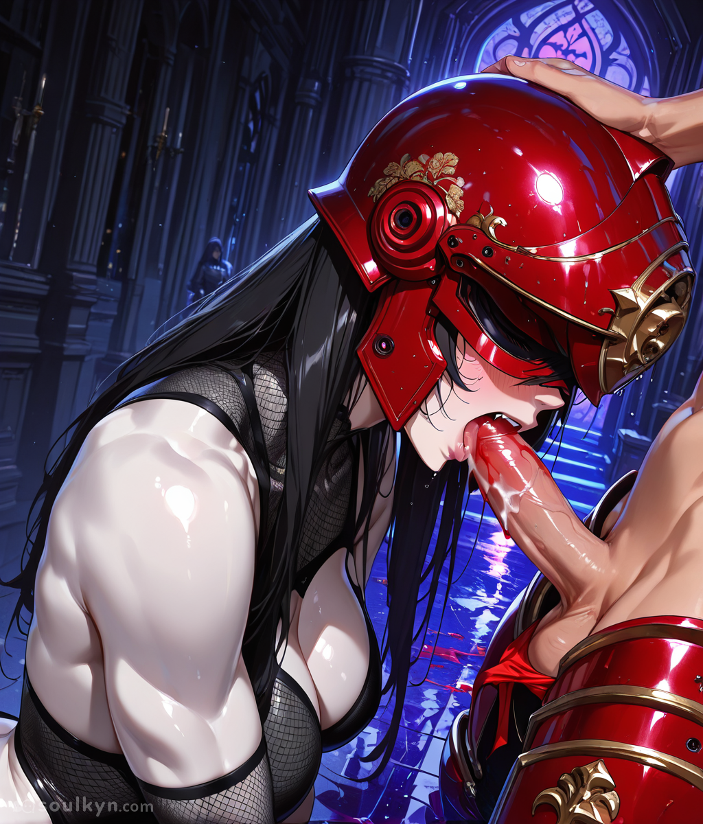 Blowjob in a cathedral. She's wearing a knight helmet AND a fishnet bodysuit, he's in full armor, there's a hooded figure lurking by a pillar, and stained glass windows are casting holy purple light on the cum. AI really said 'Dark Souls but make it pornographic.' The helmet stays ON during sex apparently.