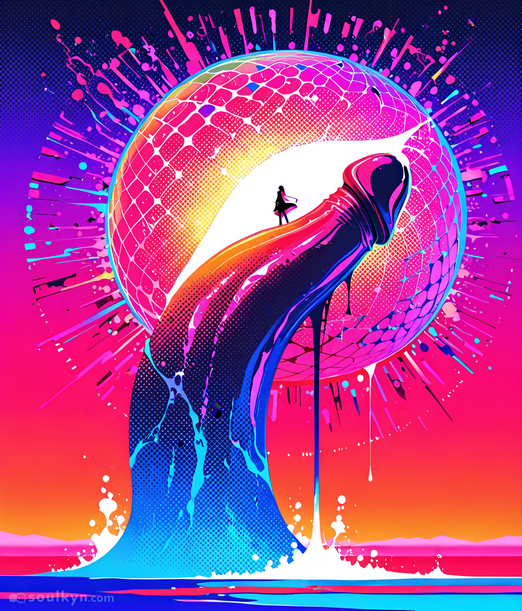 Tiny silhouette standing on a GIANT HIGH HEEL in a neon pop-art hellscape. This isn't porn, this is a fever dream about being Barbie's foot fungus. Artistic? Sure. Horny? Debatable.