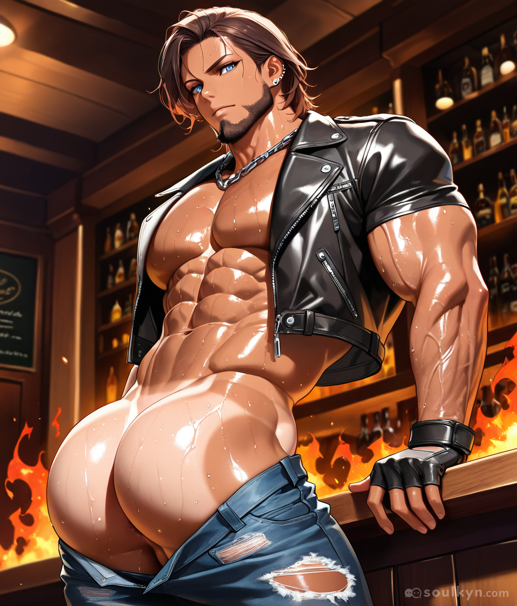 This absolute unit has his entire ass hanging out of ripped jeans in a burning bar. The sweat, the chain, the leather jacket - AI channeled every thirst trap ever and cranked it to 'fire hazard.' His bar is literally on fire and he does not care.