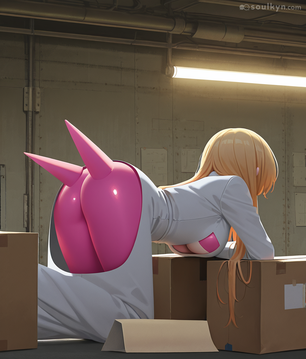 Anime girl crawling through a warehouse with an ass so pink and inflated it has its own gravitational field. The bodysuit gave up halfway down. AI confused 'thicc' with 'industrial balloon animal.'
