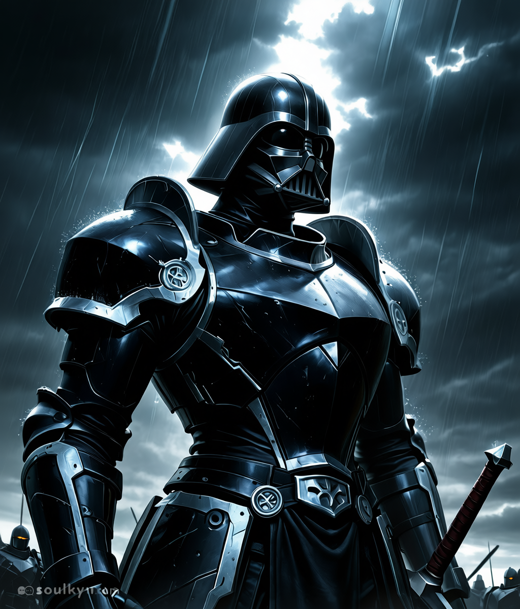 Armored warrior standing in a thunderstorm looking badass as fuck. The fail? This was supposed to be a sex scene. AI went full Mandalorian instead and honestly that's an upgrade.