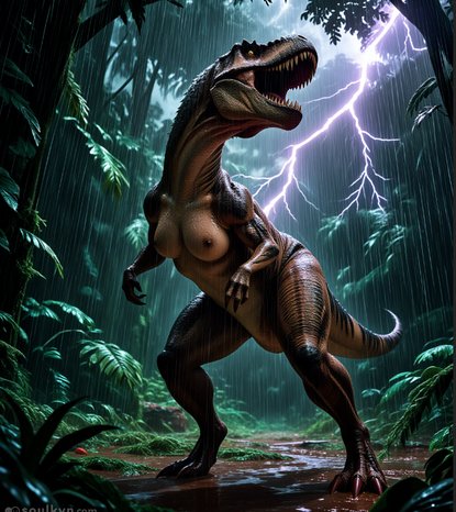 JURASSIC SIMP. She's got the teeth to tear you apart but also... titties? In the rain? Lightning behind her like she's the main character of a very confusing erotic thriller. This T-Rex fucks and I'm terrified.