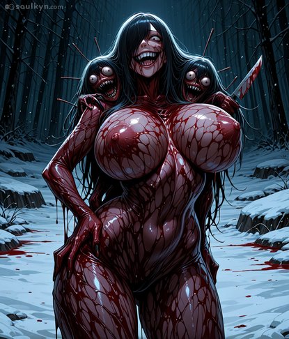 Prompt was probably 'sexy monster girl' but AI went full Silent Hill. Two screaming heads sprouting from her shoulders, blood-drenched everything, holding a murder knife in a snowy forest. Someone's fetish just got a lot more complicated.