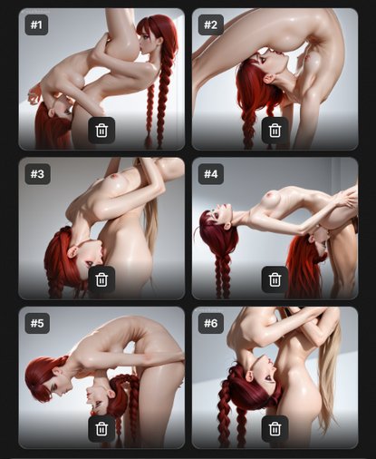 Six panels of glossy lesbian action with NUMBERED LABELS and TRASH CAN ICONS like a fucking PowerPoint tutorial. 'Step 3: Insert Tab A into Slot B. Click trash to undo orgasm.'