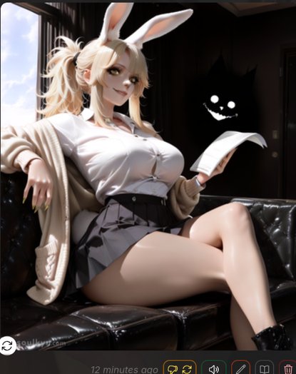 Bunny girl holding paper while Cheshire Cat energy lurks behind her - that's not a cat, that's an ENTITY judging your prompts from the shadow realm