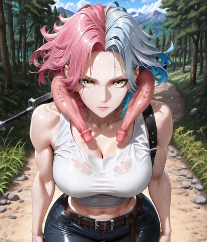 Anime girl but TWO COCKS ARE GROWING FROM HER NECK - not shoulders, not hips, HER FUCKING NECK, futa energy gone COMPLETELY WRONG