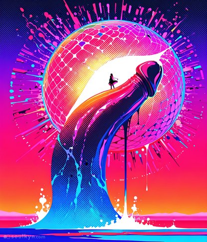 Tiny silhouette standing on a GIANT HIGH HEEL in a neon pop-art hellscape. This isn't porn, this is a fever dream about being Barbie's foot fungus. Artistic? Sure. Horny? Debatable.