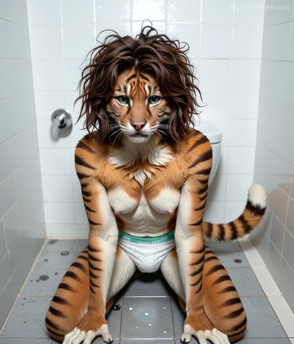 Anthro tiger vibing in the bathroom wearing tighty-whities - AI went for 'sexy furry' but delivered 'confused mascot lost in the locker room' energy instead