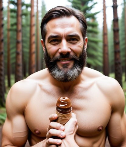 Shirtless forest daddy with ice cream. The fail? This was supposed to be NSFW but AI gave us wholesome lumberjack enjoying a chocolate cone. Sometimes the AI wins by losing.