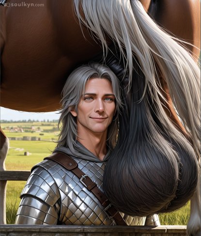 Same knight, same horse energy. This time AI positioned his face DIRECTLY under the horse's belly at maximum dick-proximity. He's smiling about it. He knows exactly where he is. This was not an accident.