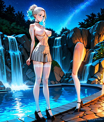 Pretty anime girl at a magical waterfall pool at night. Everything is gorgeous - the nebula sky, the glowing water, the outfit. Then you notice the random disembodied pair of legs just... standing there next to her. No body. Just legs in stockings and heels vibing by the pool. AI forgot to render the rest of the person.