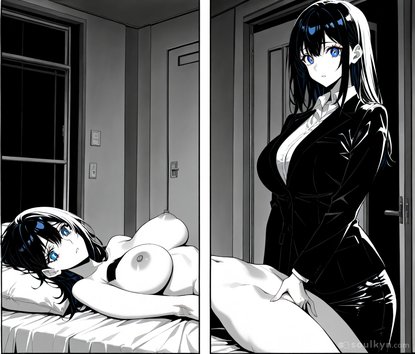 Split-screen storytelling: nude girl on bed + dressed girl showing ass in doorway - AI's idea of 'before and after' but which one is which?