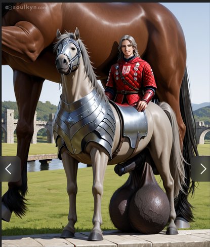 Knight's out here enjoying his medieval fantasy adventure while Horse #2 brought a PAIR OF ABSOLUTE BOULDERS to the scene. AI gave that stallion balls so massive they need their own gravitational field. The rider hasn't noticed. Lucky him.