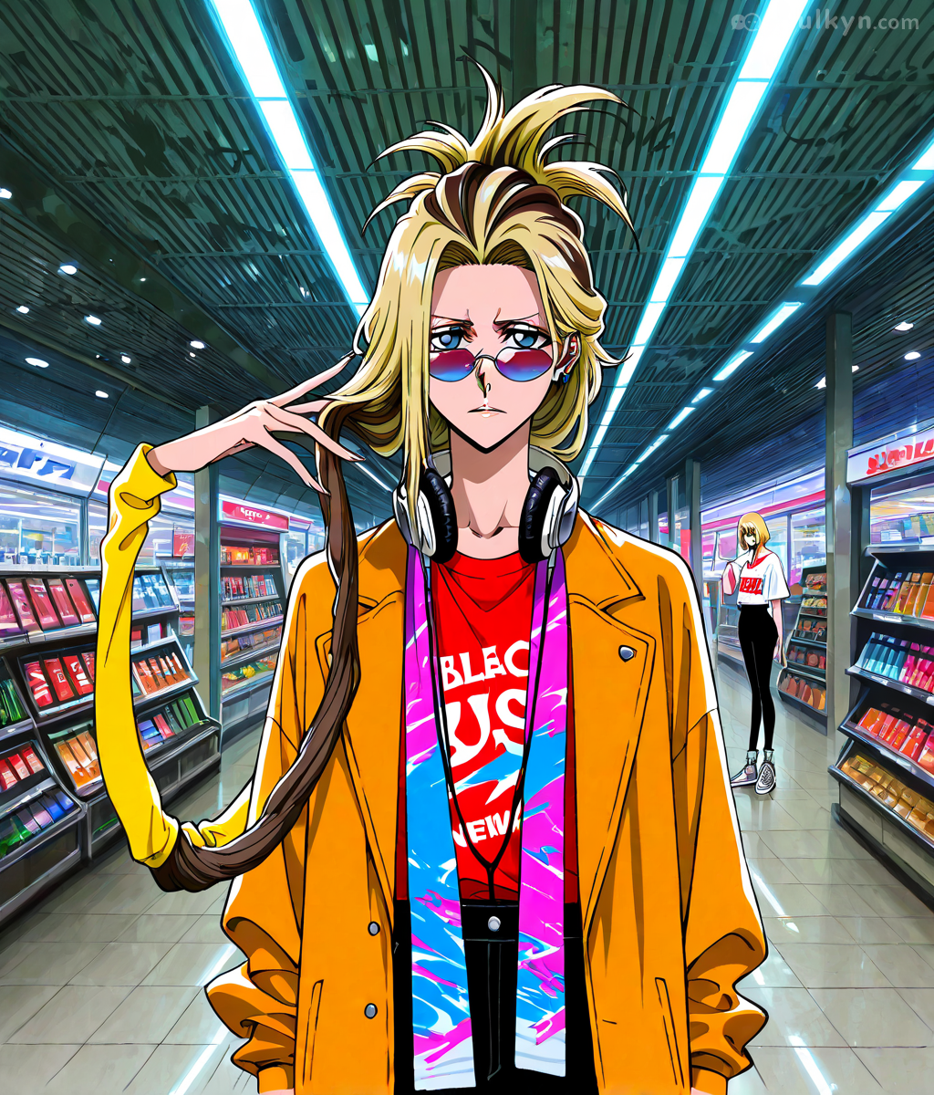 Dude's arm went full Mr. Fantastic in the convenience store aisle - that hand placement is either dimensional portal physics or AI forgot how elbows work. Cool outfit though, 10/10 for drip, 0/10 for anatomy.