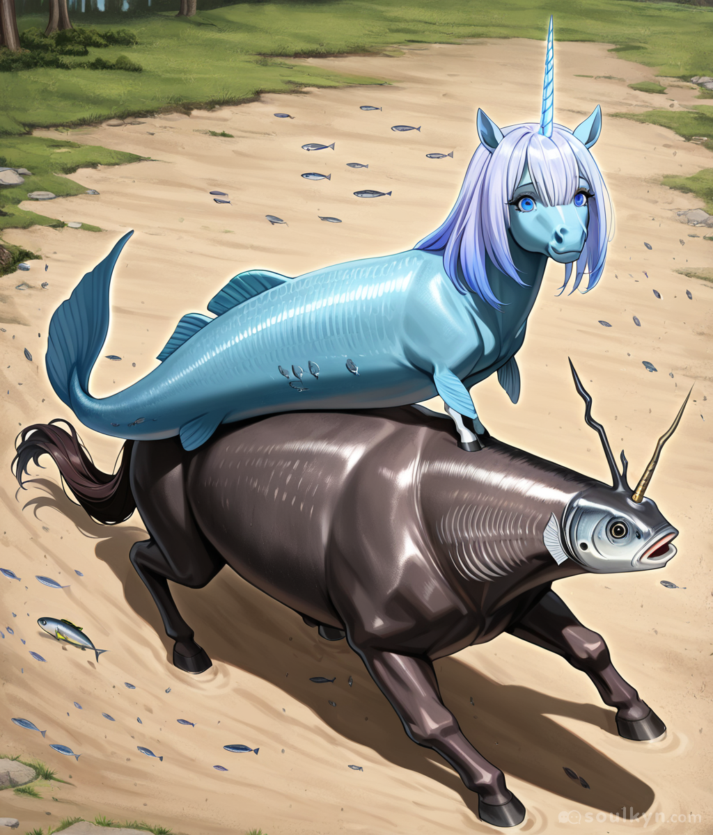 Blue fish-unicorn riding a horse with a fish head. Somewhere an evolutionary biologist is screaming