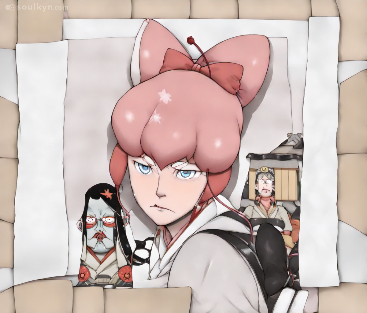 Anime threesome in bed but one guy's wearing a WOODEN BOX on his back like discount cosplay armor - priorities unclear, anatomy questionable, vibes completely baffling