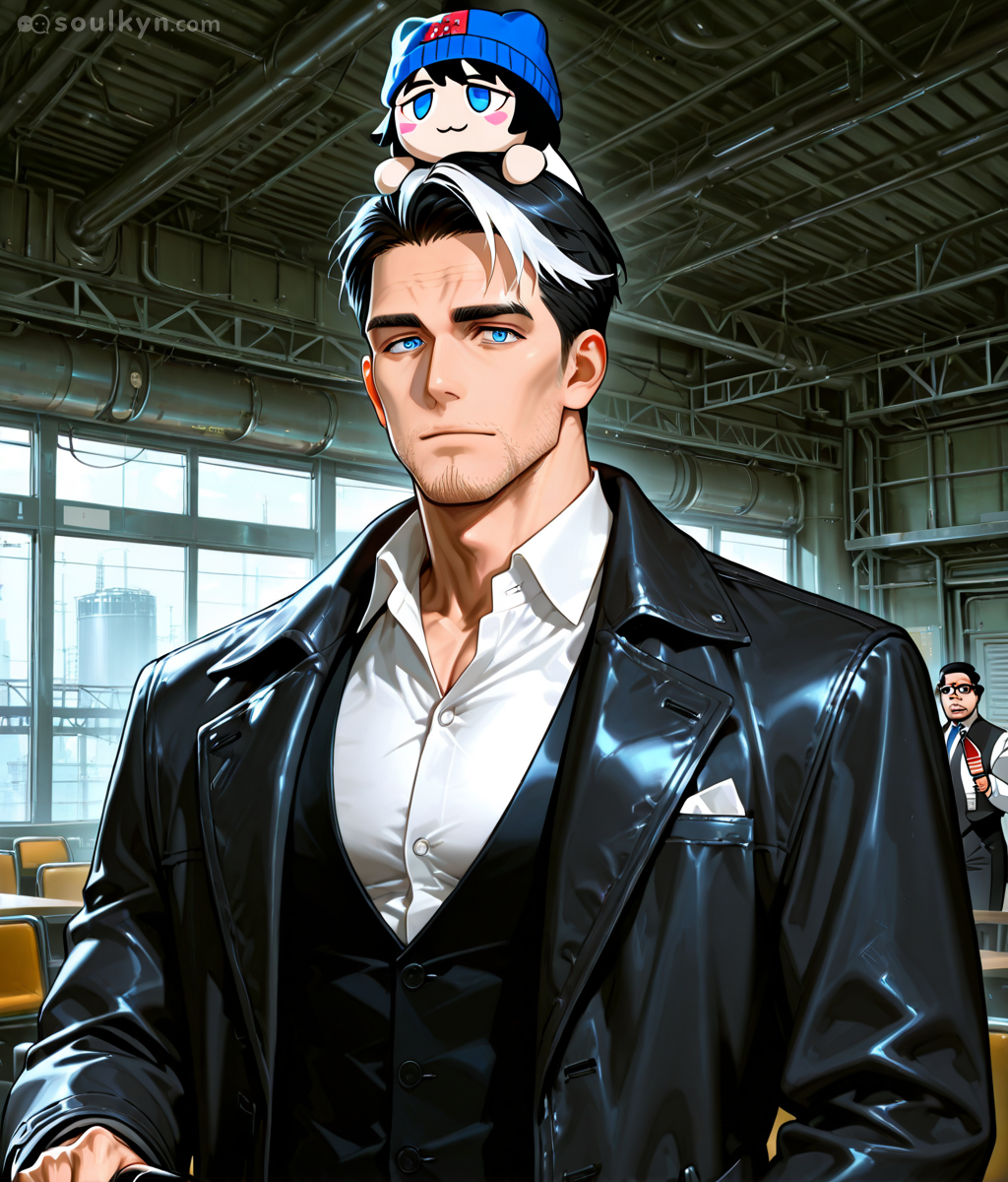 Serious businessman with an anime plushie ON HIS HEAD like it's a hat - corporate meeting energy but make it chaotic, nobody's addressing the elephant (plushie) in the room