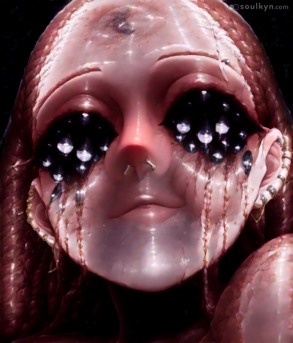 AI replaced eyeballs with boba pearls and added mystery goo for ambiance - this is what happens when you order 'glossy portrait' from the cursed dimension. Those piercings are the least concerning thing happening here.