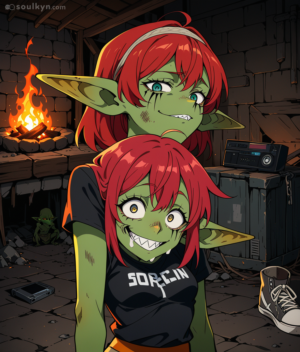 Goblin girls with a boombox in a dungeon. One shirt says 'SORCIN' (???). AI's idea of underground rave culture