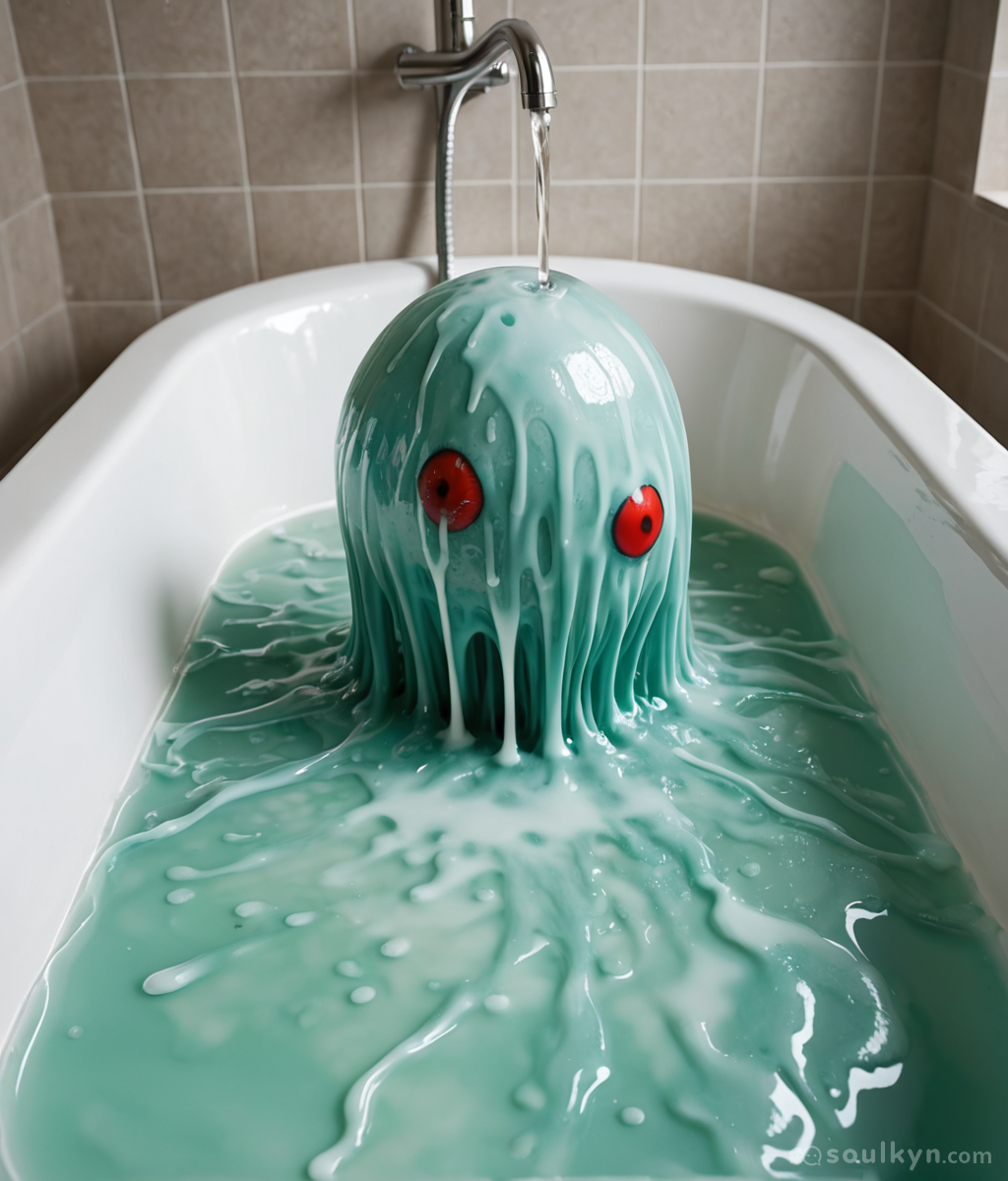 Teal slime monster emerging from a bathtub like 'morning, I live here now' - those red eyes say sentience, that dripping says structural integrity failure
