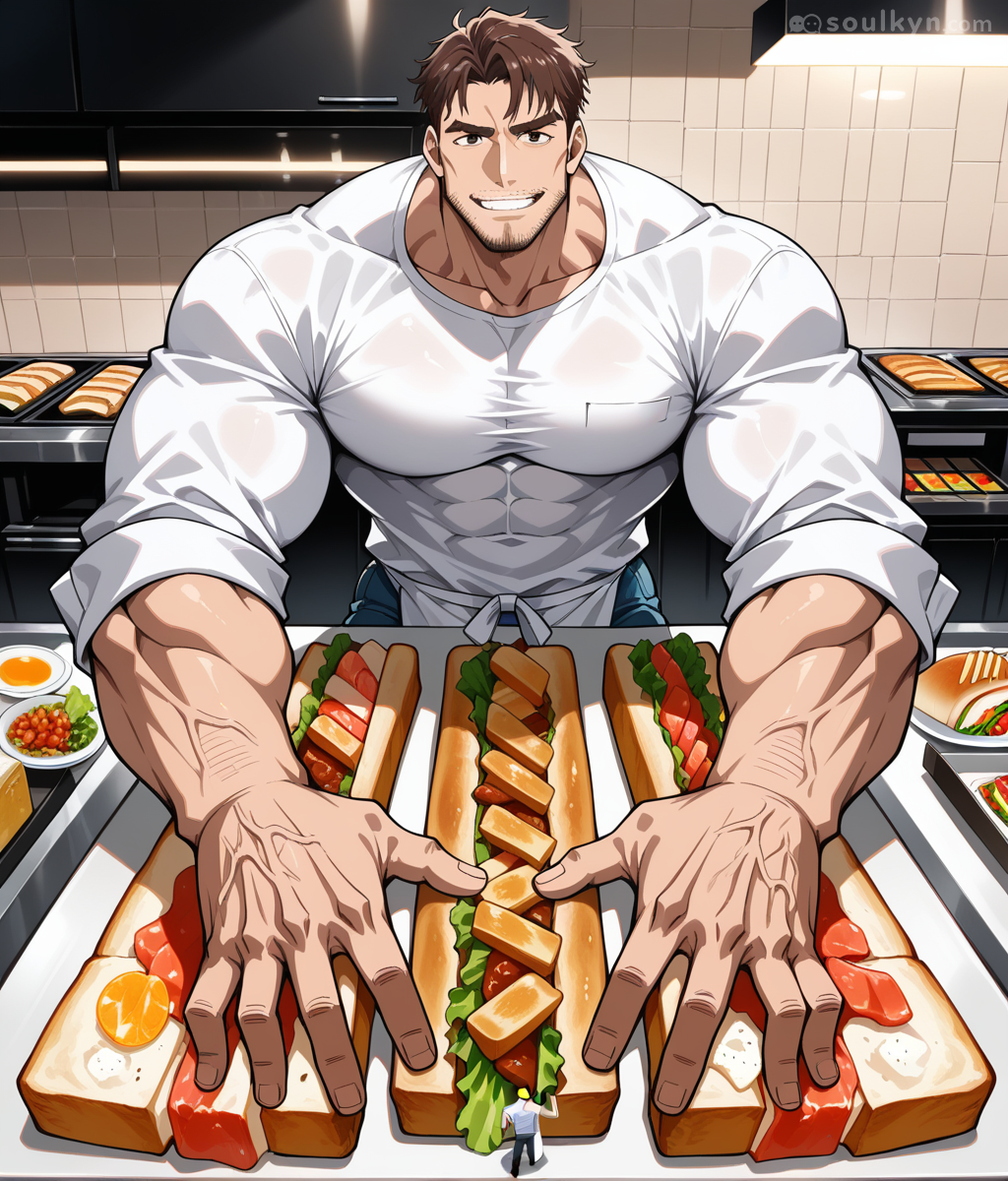 Prompt asked for 'big strong sandwich guy' and AI delivered on ONE of those descriptors. The tiny person for scale really sells it - this man could crush cities, but he's perfecting his hoagie game. Respect.