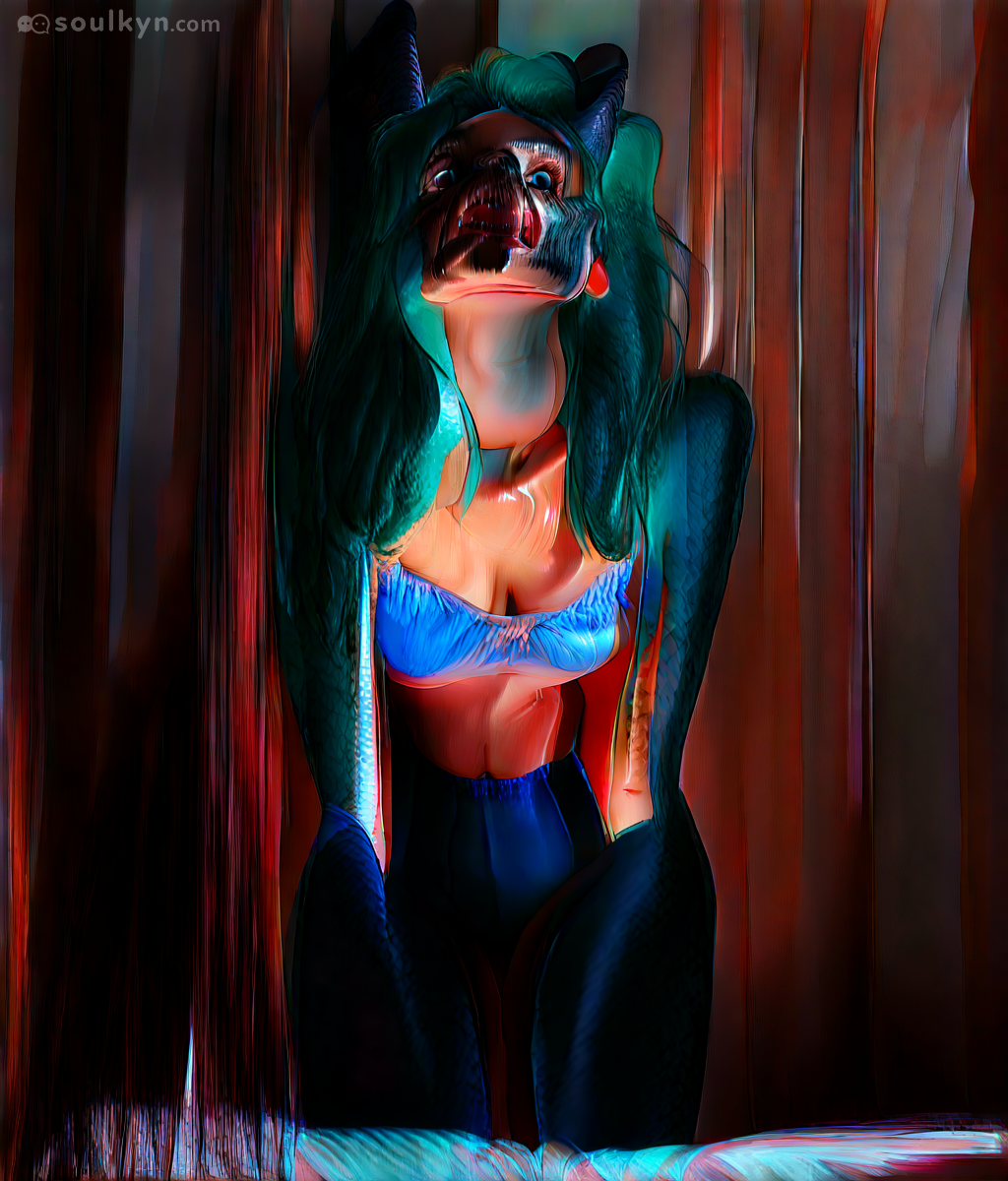 Green hair? Check. Horns? Check. Fangs? Check. Inexplicable lizard limbs? CHECK. AI took 'exotic' and ran with it straight into the monster manual. She's either a succubus or a very ambitious cosplayer.