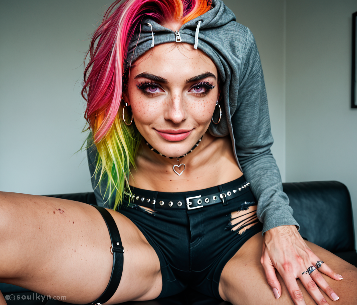 Rainbow hair: immaculate. Outfit coordination: flawless. Hand anatomy: structured like a 3D-printed wet noodle. AI nailed the vibe and absolutely fumbled the fingers.