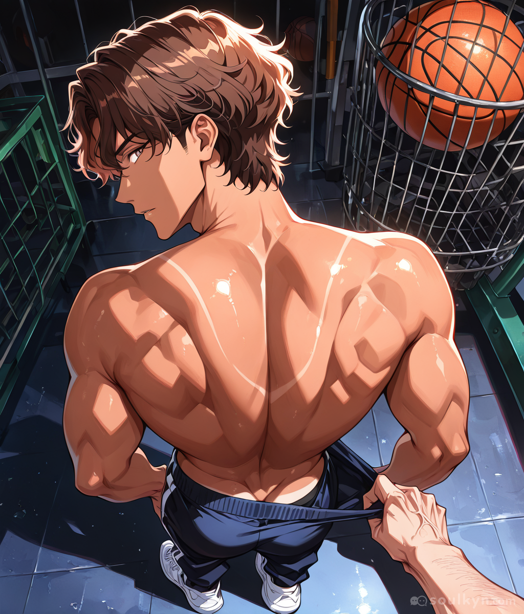 The basketball, the gym, the muscles - all fine. Then you notice the EXTRA HAND pulling his shorts down from off-screen. Whose hand IS that? The ghost of horny past? An invisible personal trainer? We'll never know.