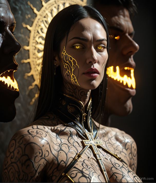 Demonic goth queen flanked by two snarling dudes who look like they're melting into her shoulders. AI went so hard on the 'dark ritual' aesthetic that it forgot faces need to be separate from other faces. Watermark says 'QVn.com' - even the AI signed it under a fake name.