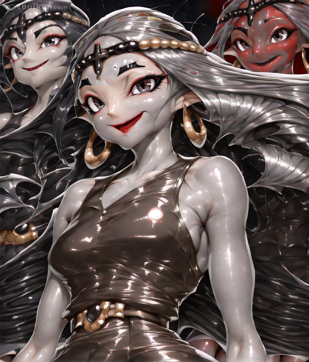 Prompt asked for one character. AI said 'what if THREE but make the extras nightmare fuel clones?' - silver-haired queen flanked by her red-skinned evil twin and shadow clone.