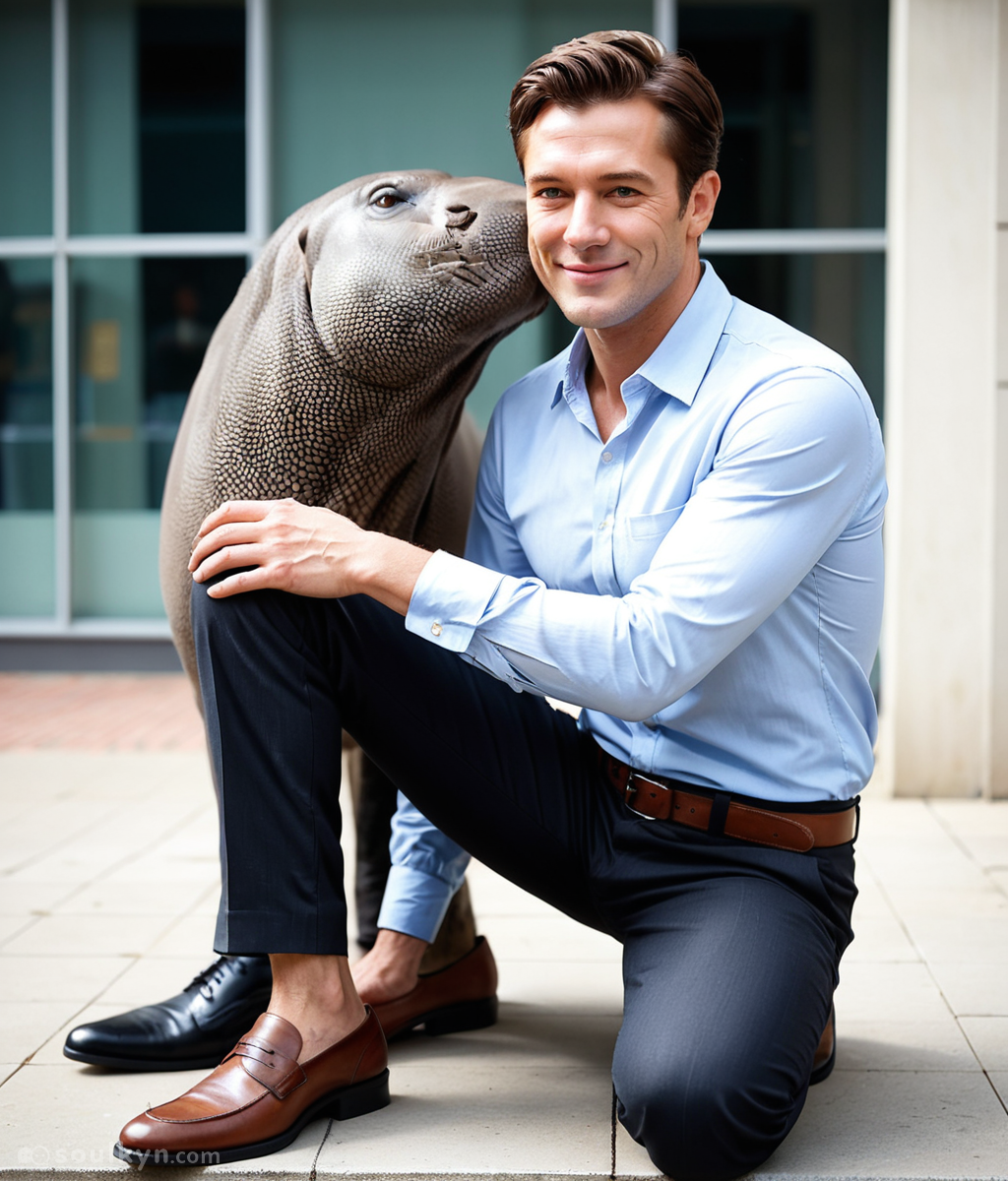Man posing with his emotional support walrus in business casual. The walrus is leaning in for a tender cheek nuzzle. This is either the world's best dating profile or the world's weirdest one.