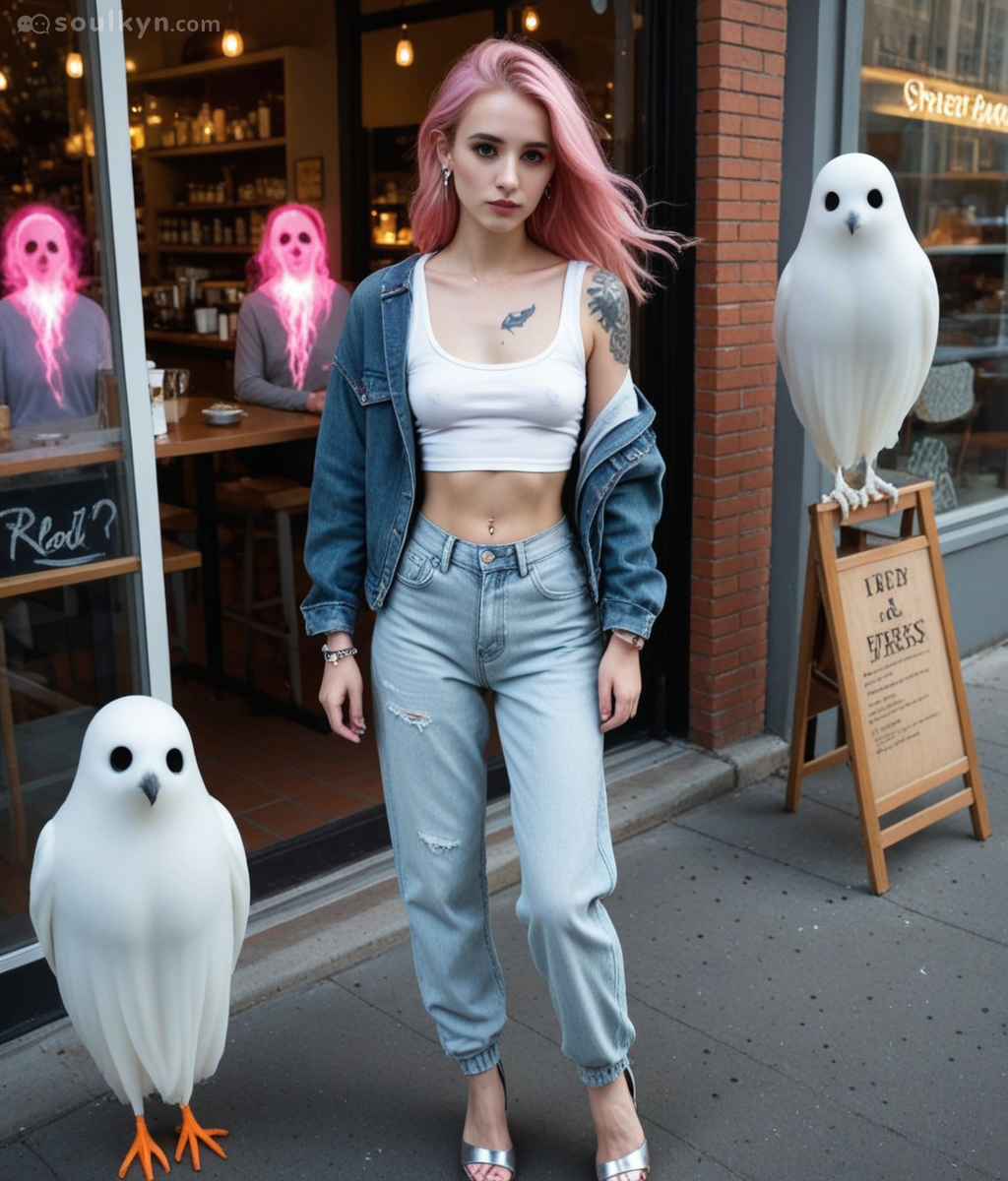 AI's scale slider broke - those birds are either 4 feet tall or she's 8 inches. Also there are ghosts. Just accept the chaos.