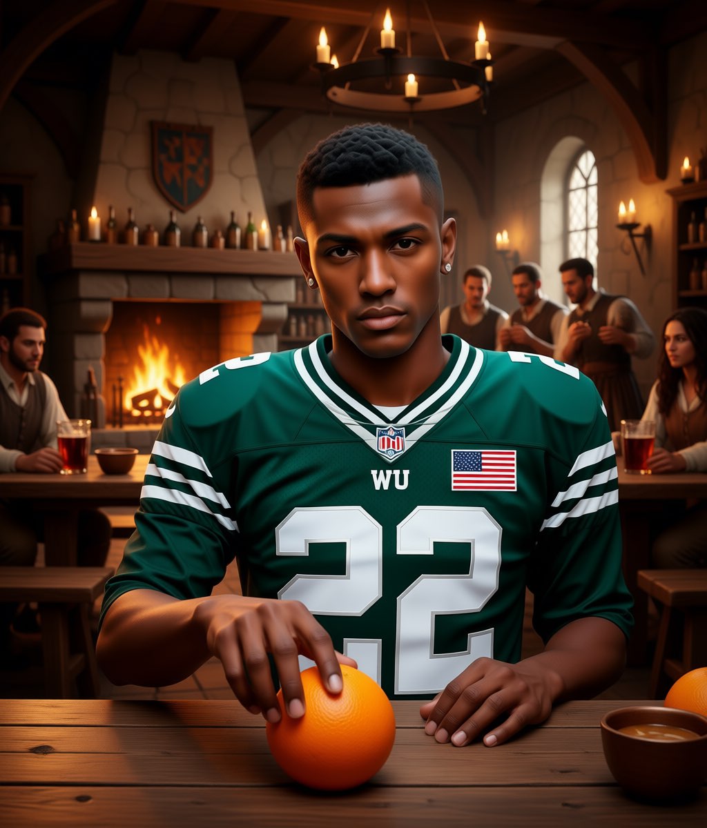 Time travel or AI confusion? NFL player Wu just vibing in a medieval tavern touching an orange. Pick your chaos.