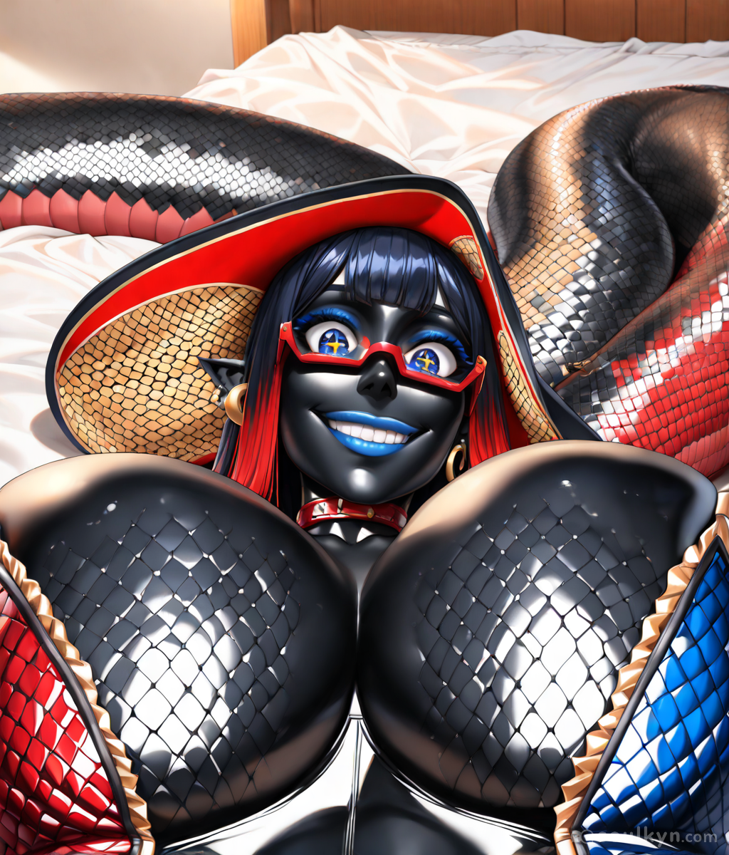 Snake mommy achieved. The coiled tail, the bedroom eyes, the glossy scales - AI understood the assignment. She's just chilling on satin sheets being serpentine and I'm here for it. 10/10 would let her constrict.