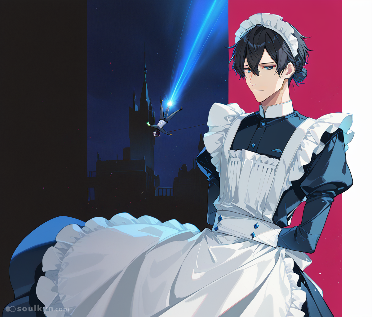 AI couldn't decide between 'gothic castle' and 'magenta void' so it said fuck it, both. The upside-down flying person is just vibing.