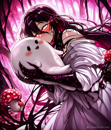 Wholesome forest ghost cuddles with her slime friend - AI nailed the 'Studio Ghibli energy' but those mushrooms suggest this forest has OPINIONS about reality