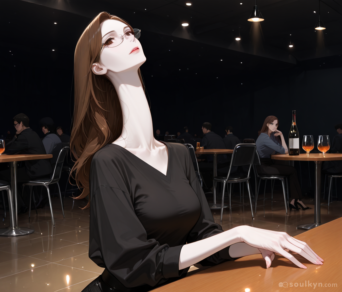 Woman at restaurant with head tilted back, eyes closed, and ENTIRE BODY visible from the waist down - dining etiquette took a fucking vacation, other patrons pretending this is normal