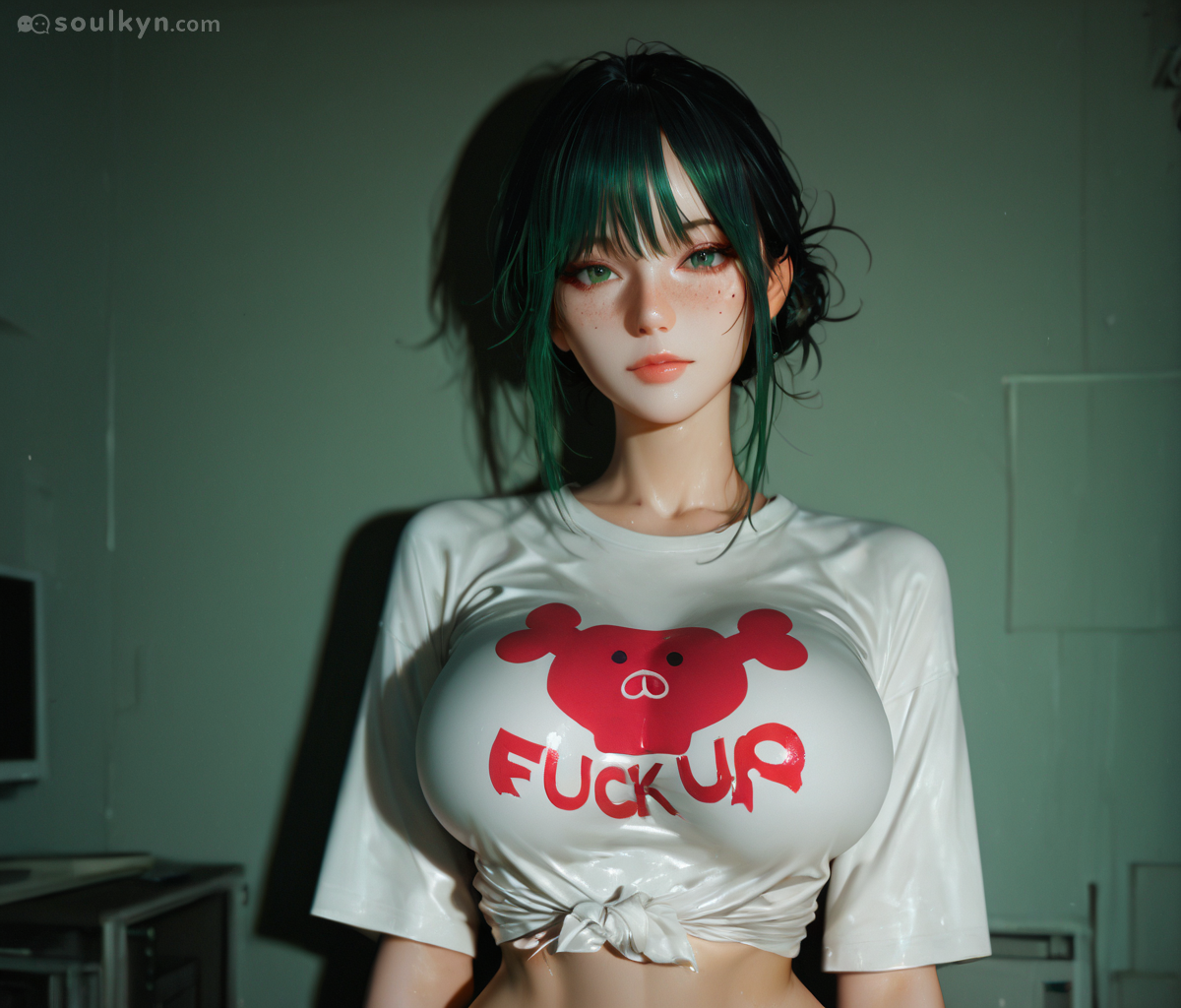 Pig shirt says 'FUCK UP' - which is exactly what AI did with the latex sheen and greenish walls