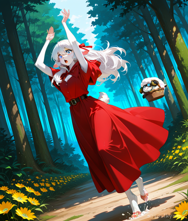 Girl's feet submerged in forest path because AI forgot how ground works, plus floating steampunk rabbit - physics took a vacation