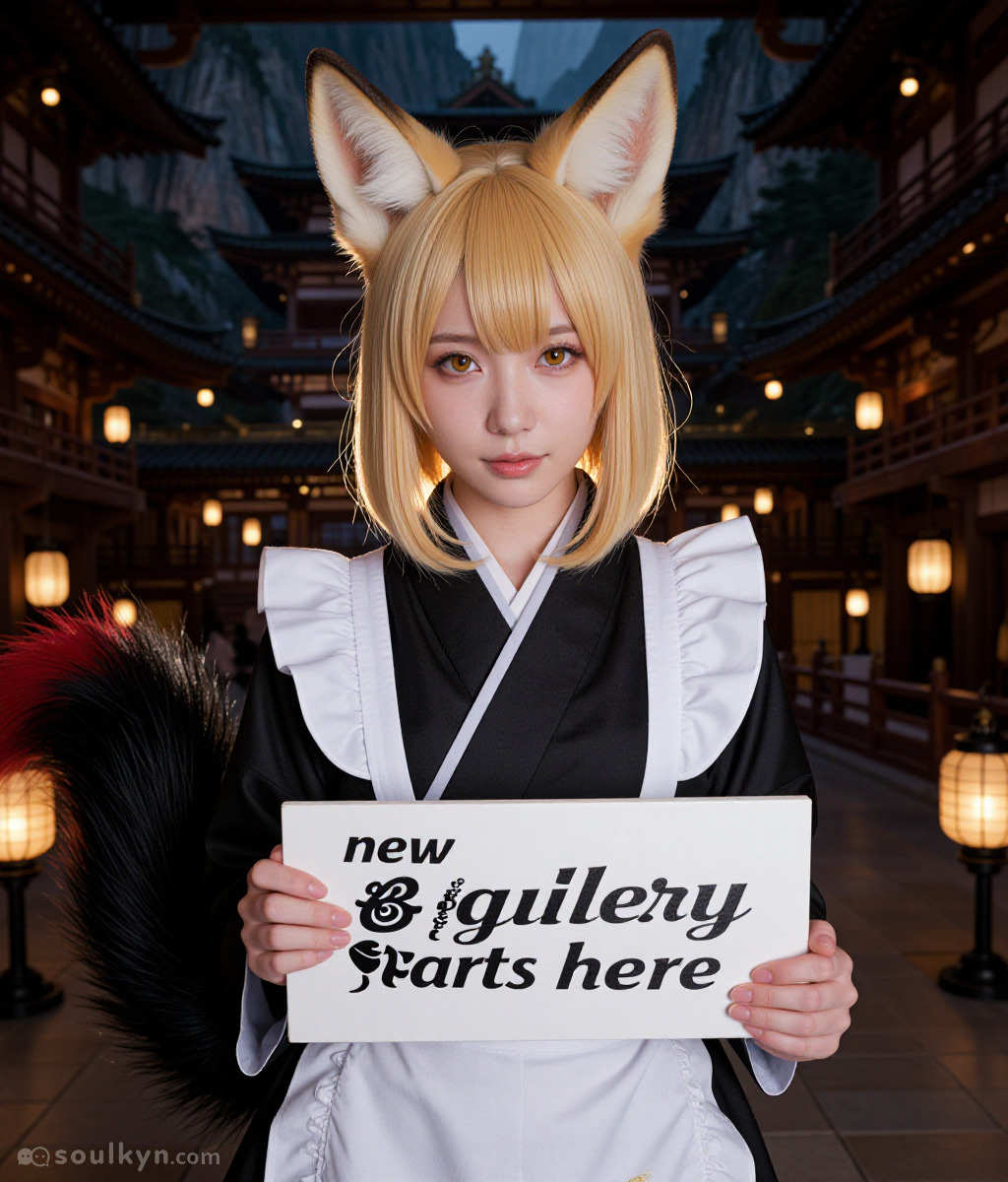 Fox maid holding a sign at a temple that says 'new & guilery farts here.' AI was so proud of itself. Prompt said 'gallery' but the model had other ideas. At least the ears are cute.