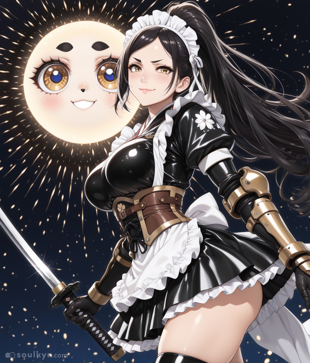 The katana says 'warrior.' The maid outfit says 'service.' The moon says 'I SAW EVERYTHING AND I APPROVE.' At least someone's having a good time.