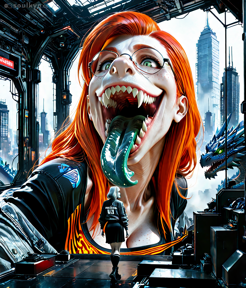 Attack on Titan but the titan shops at Hot Topic. Giant redhead with a forked tongue screaming at a tiny anarchist while a dragon supervises. AI said 'scale? never heard of her.'