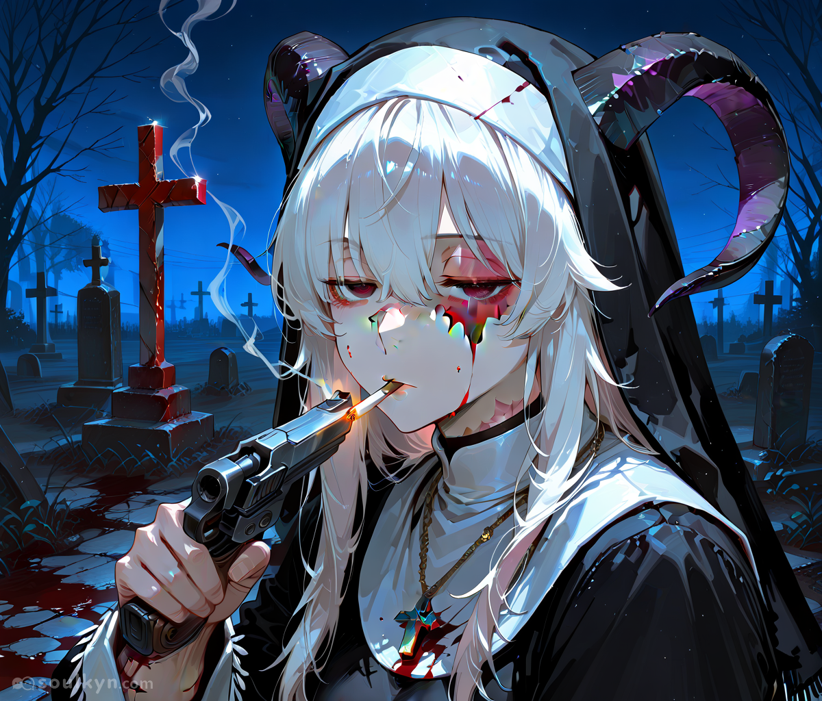Demon girl smoking a cigarette while holding a revolver to her mouth in a cemetery. AI went 'edgy goth aesthetic' but couldn't decide between badass and concerning, so it gave us both. The blood, the horns, the crucifix necklace - this is what happens when you ask for 'dark and moody' without specifics.